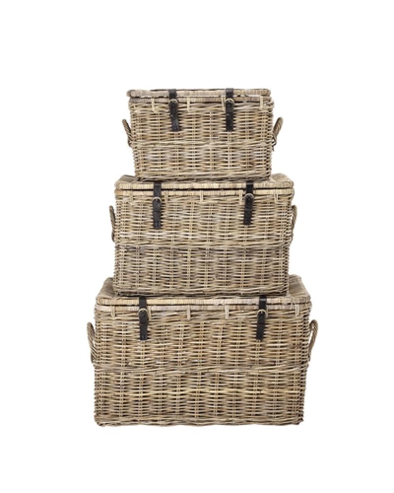 BASKET W/LID GREY RATTAN LOT